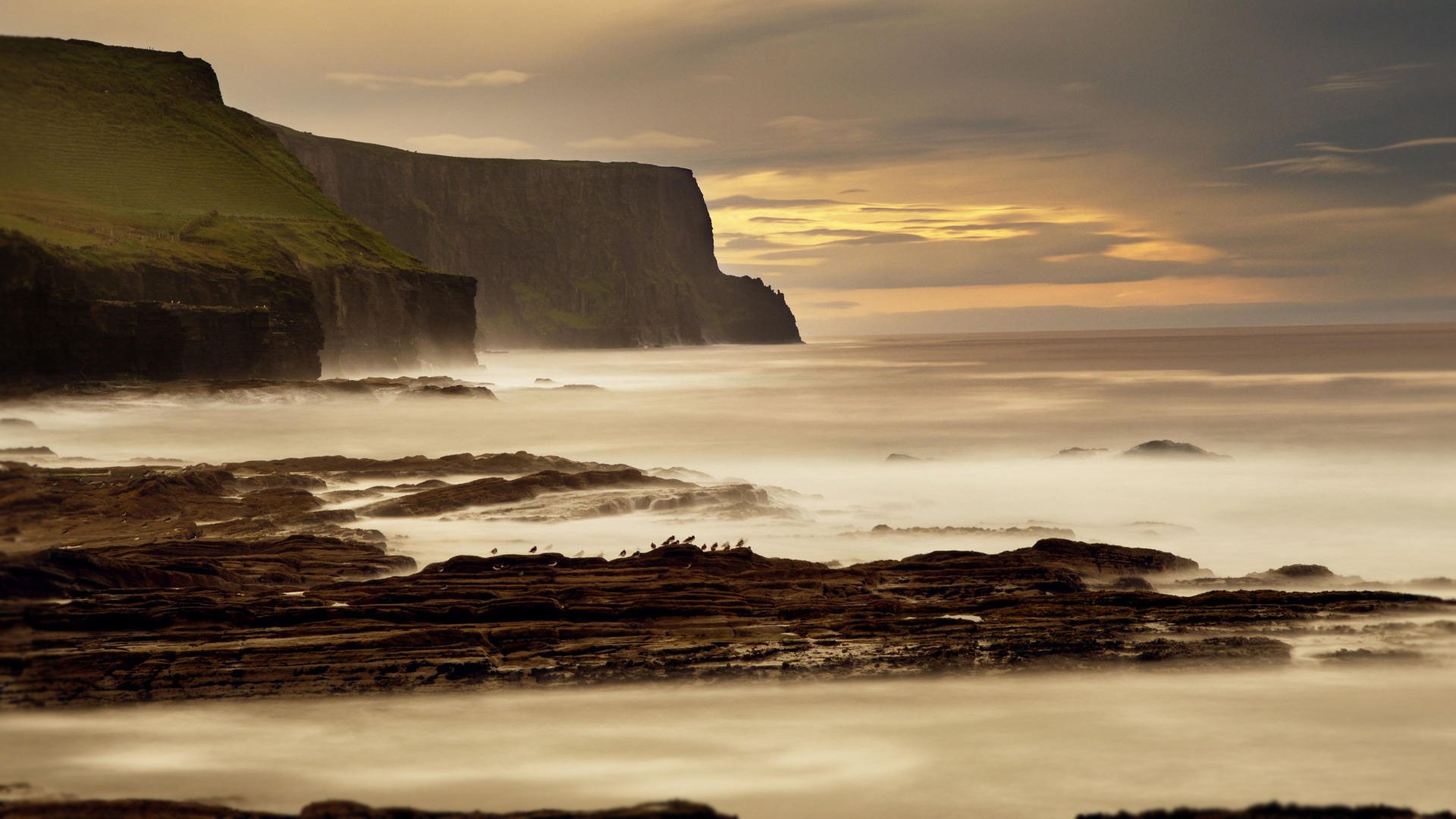 view rocks sea shore birds waves surf sky