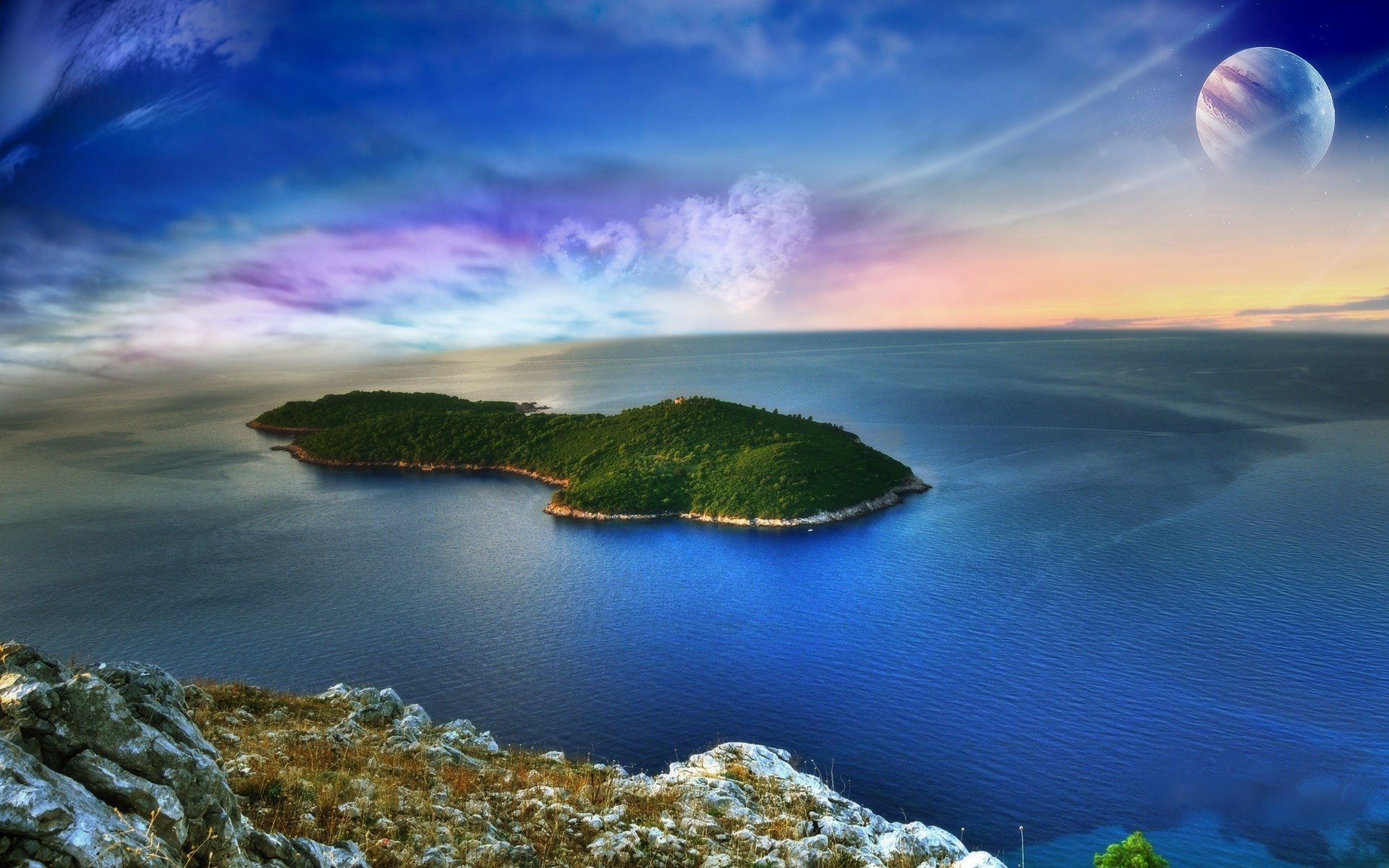 planet form clouds island ocean circle slope view