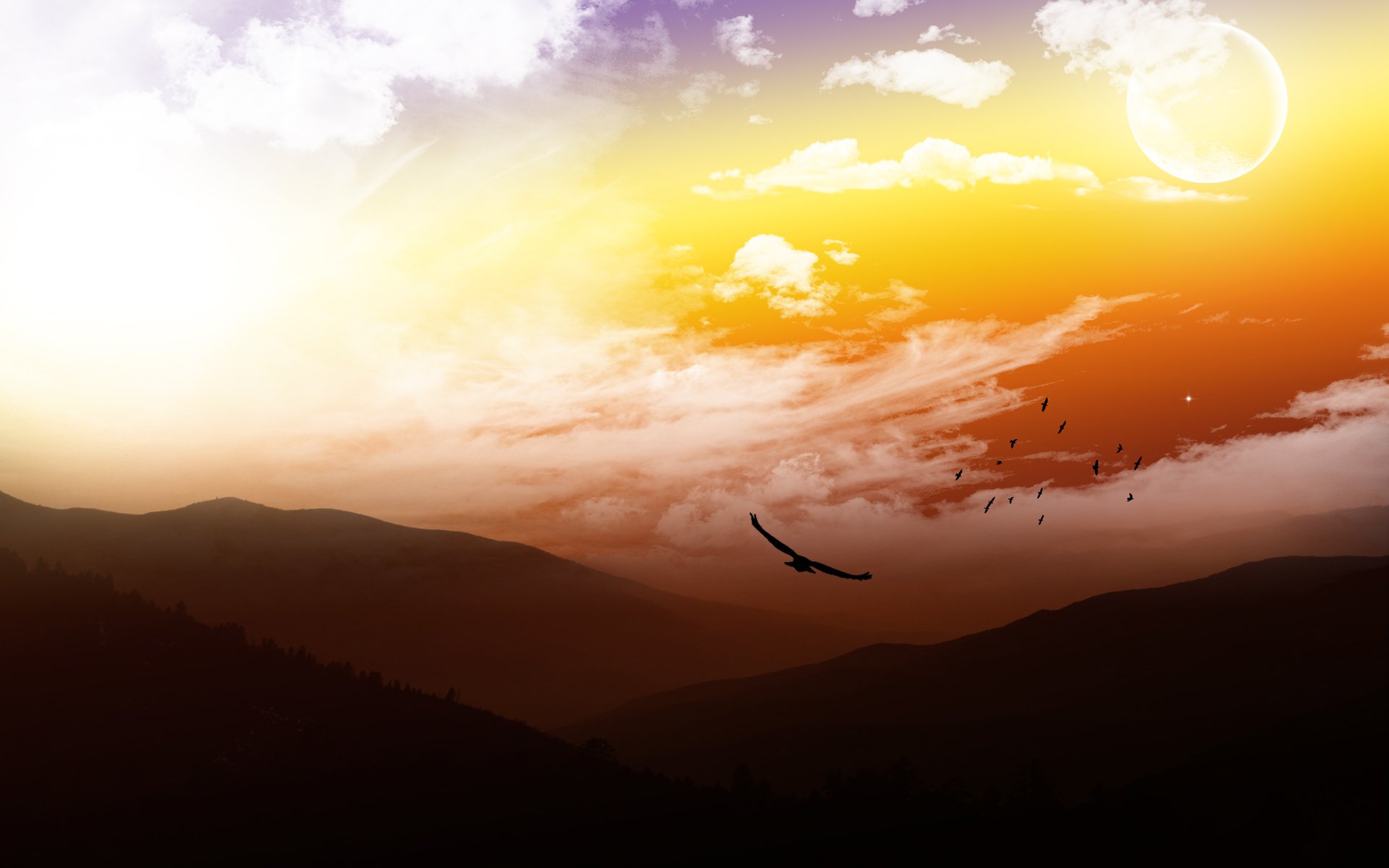 landscapes mountains birds sky clouds moon gorgeous landscape bomb view super-duper quality view