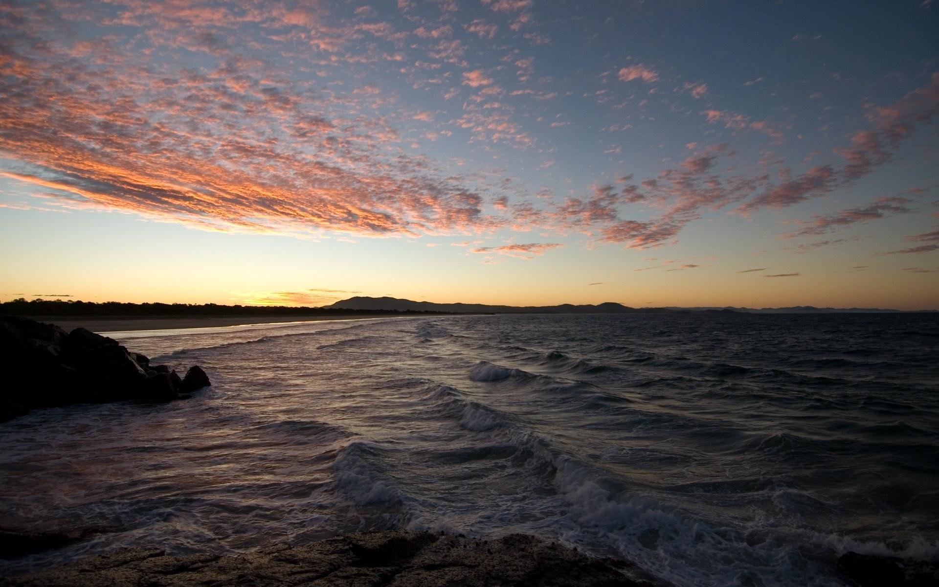 nature paysage soir coucher de soleil été mer vagues pierres