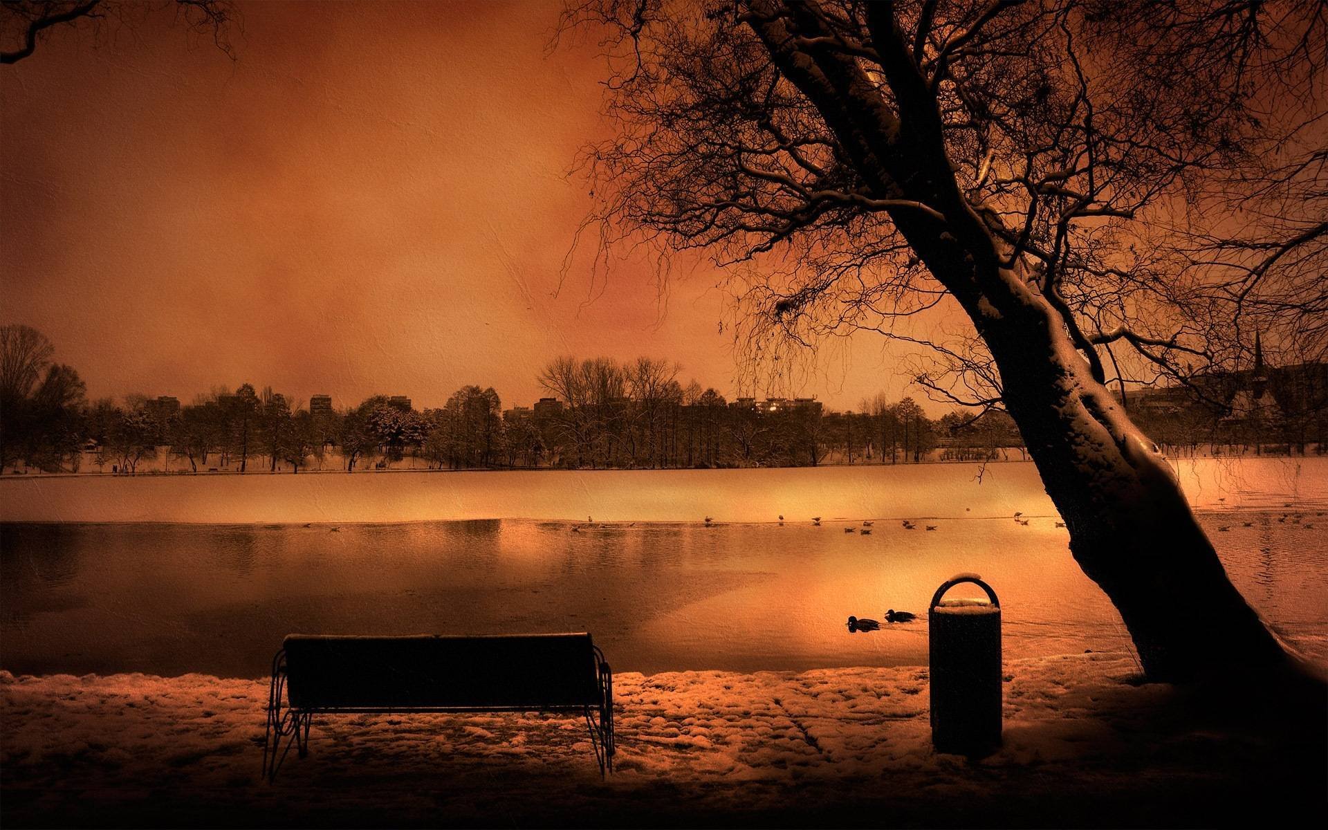 landschaft romantik abend baum fluss wasser romantisch bank bank himmel