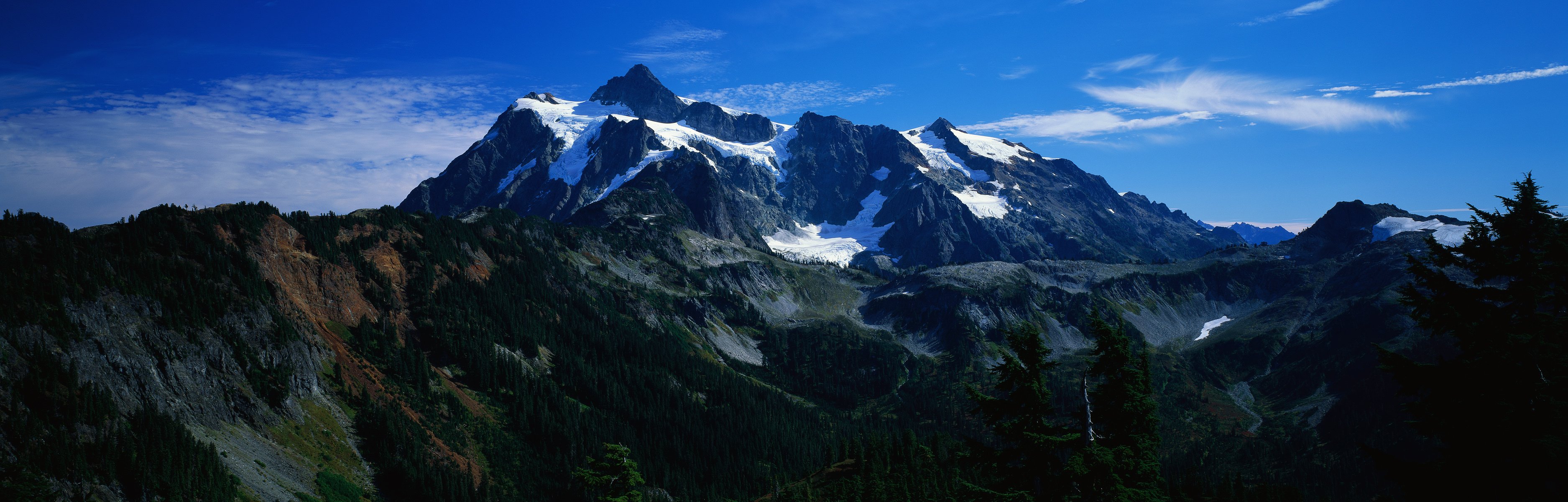 mountain forest snow sky panorama