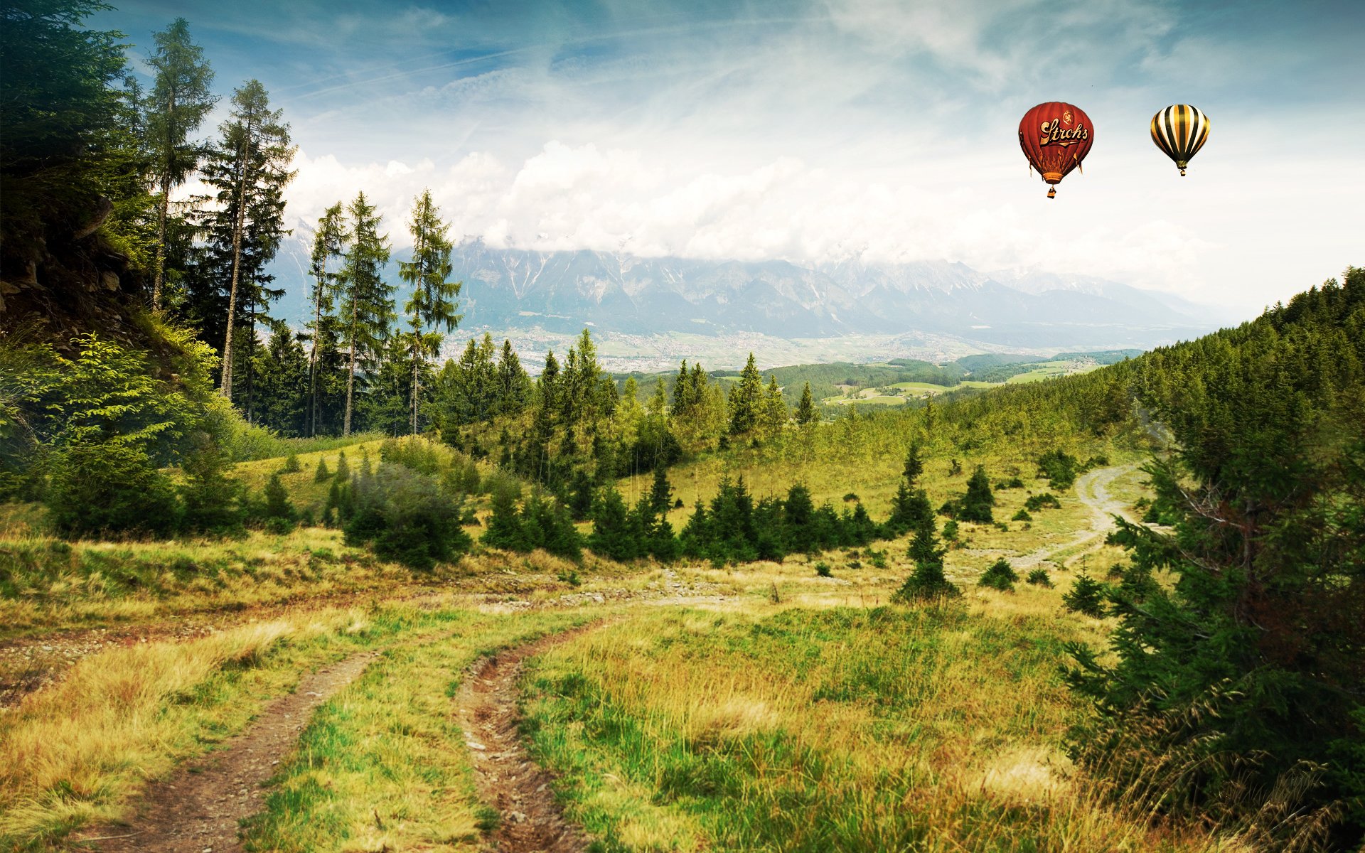 straße wald berge luftballons