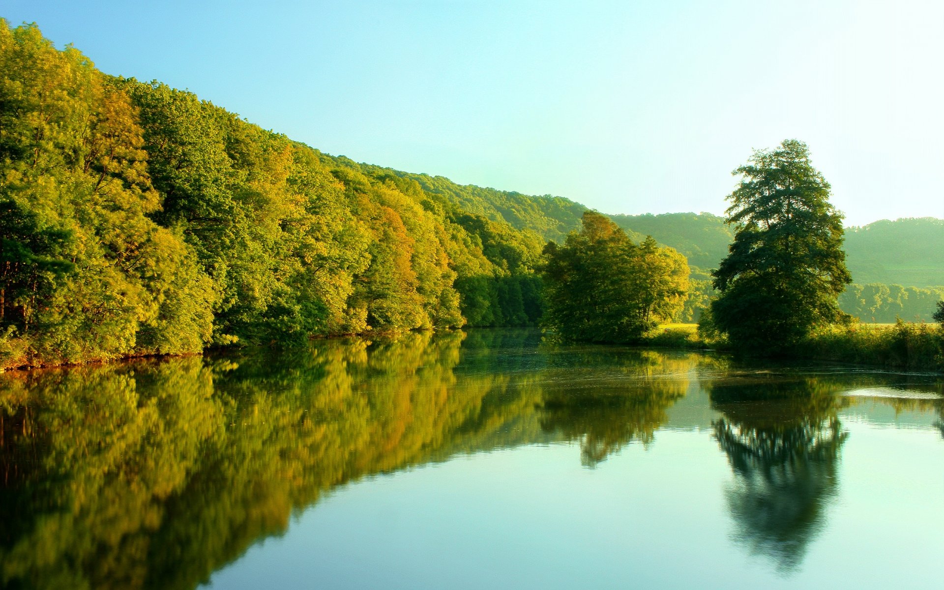 fiume alberi cielo riflessione