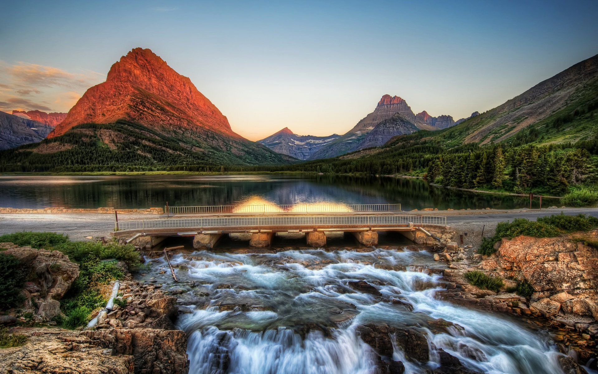 mountain water lake waterfall bridge