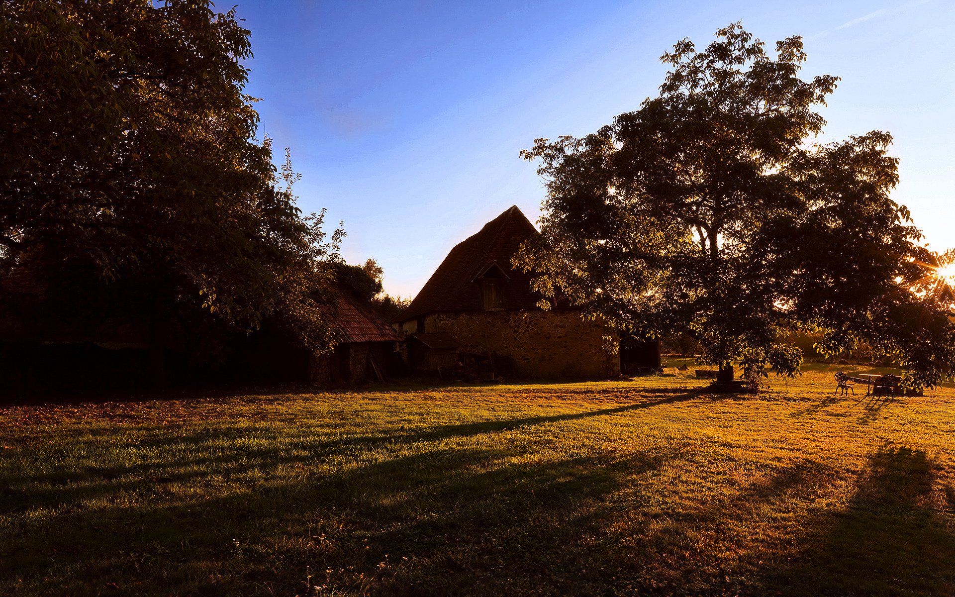 natur landschaft haus bäume gras blätter herbst tag