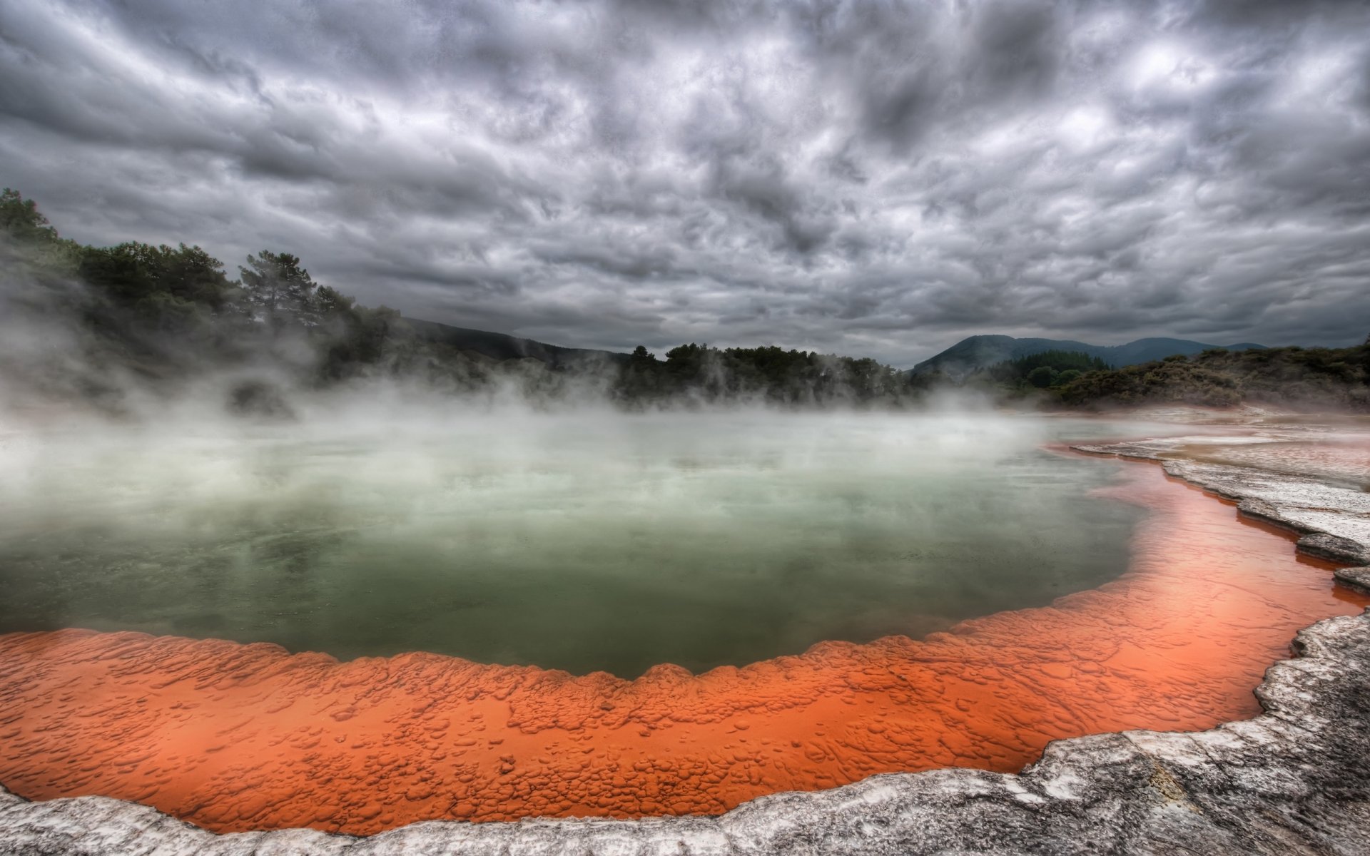 heiß quelle vulkan nebel dampf wolken see bäume lava