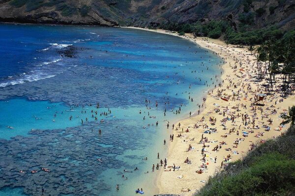 People relax on the beach