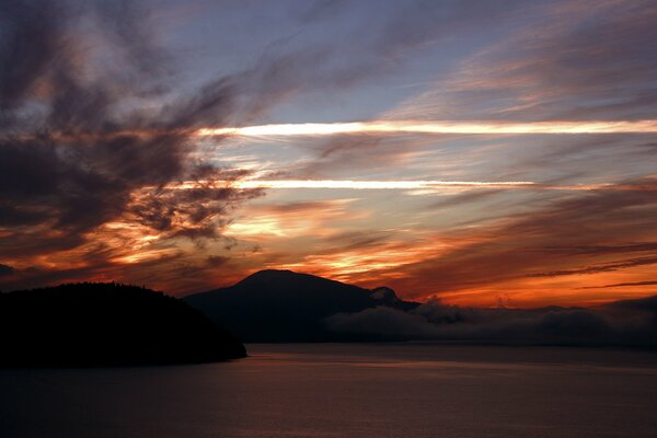 Sunset over the mountains and the water surface