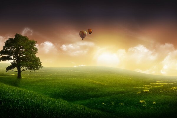 Fantastic photo. Foggy distance and balls in the sky. Green field