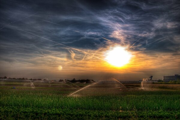 Vista di irrigazione nel campo con le nuvole ed il sole