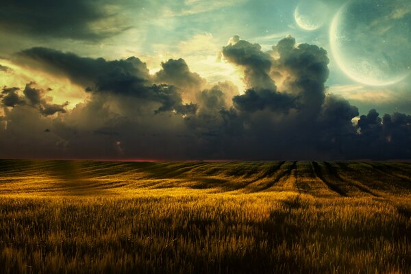 Campo di grano al tramonto attraverso le nuvole