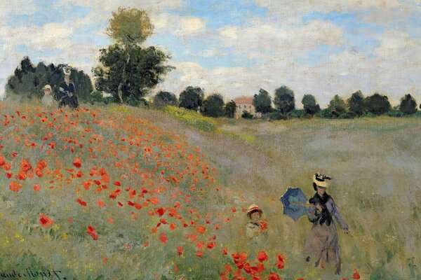 A woman with a child in a poppy field