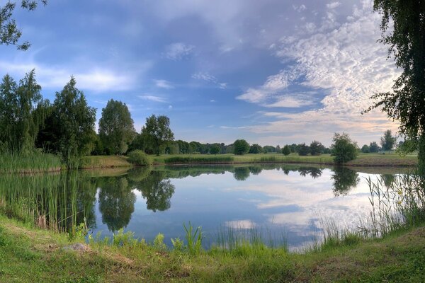 A lake in the forest and clouds reflected in this lake