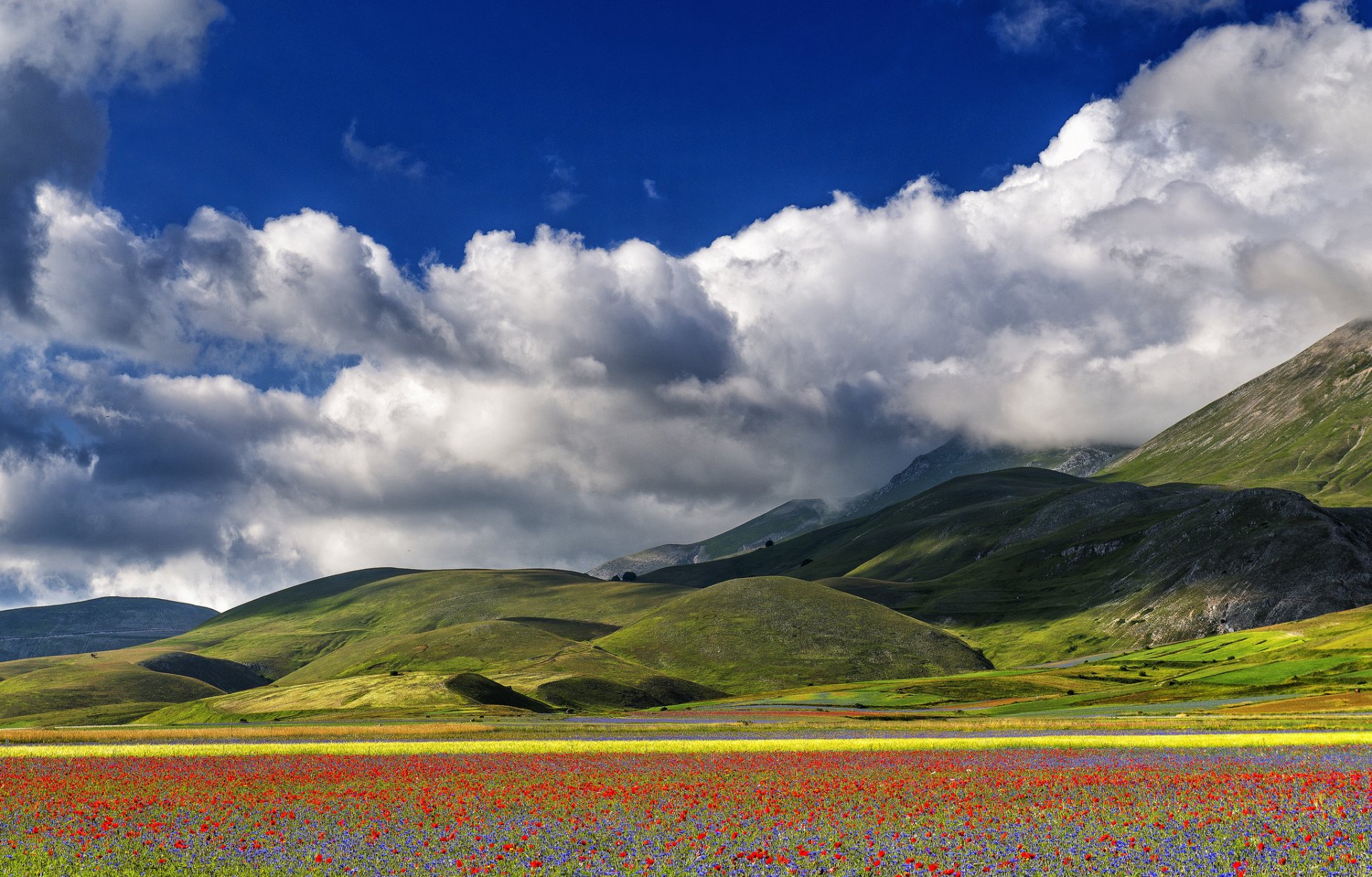 italy sky clouds mountain meadow flower poppie