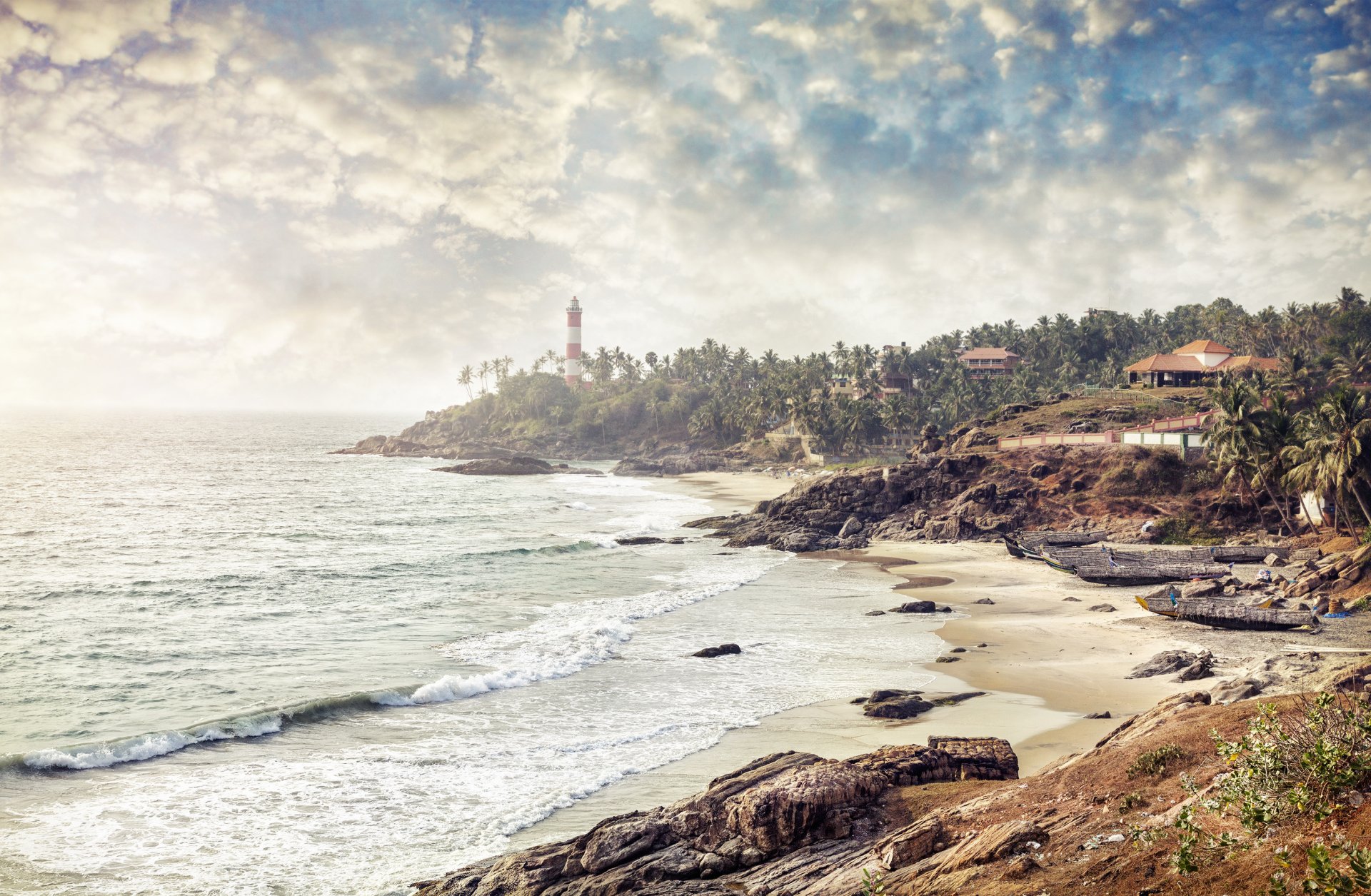 india sea beach waves sand lighthouse morning tree