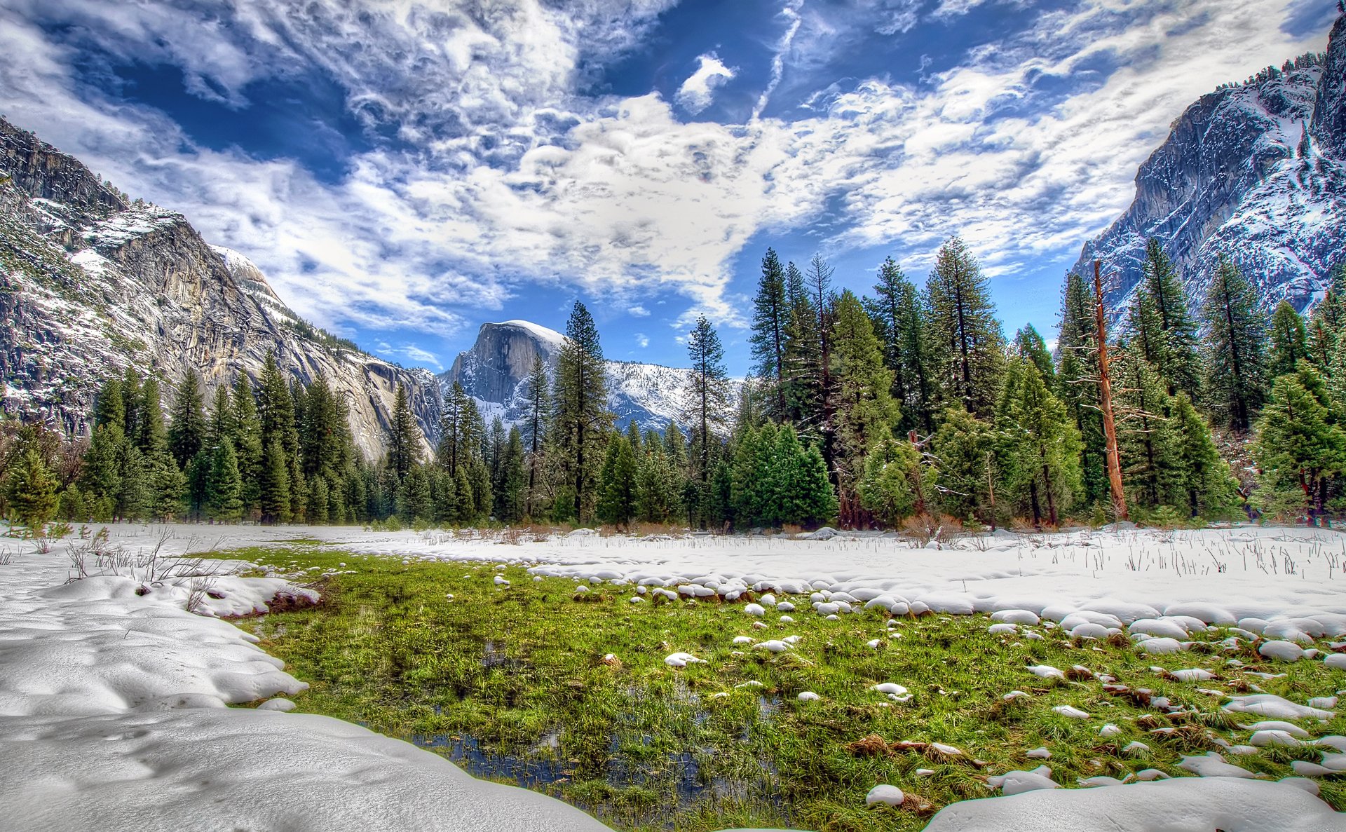 yosemite national park california united states mountain forest tree winter sky clouds snow
