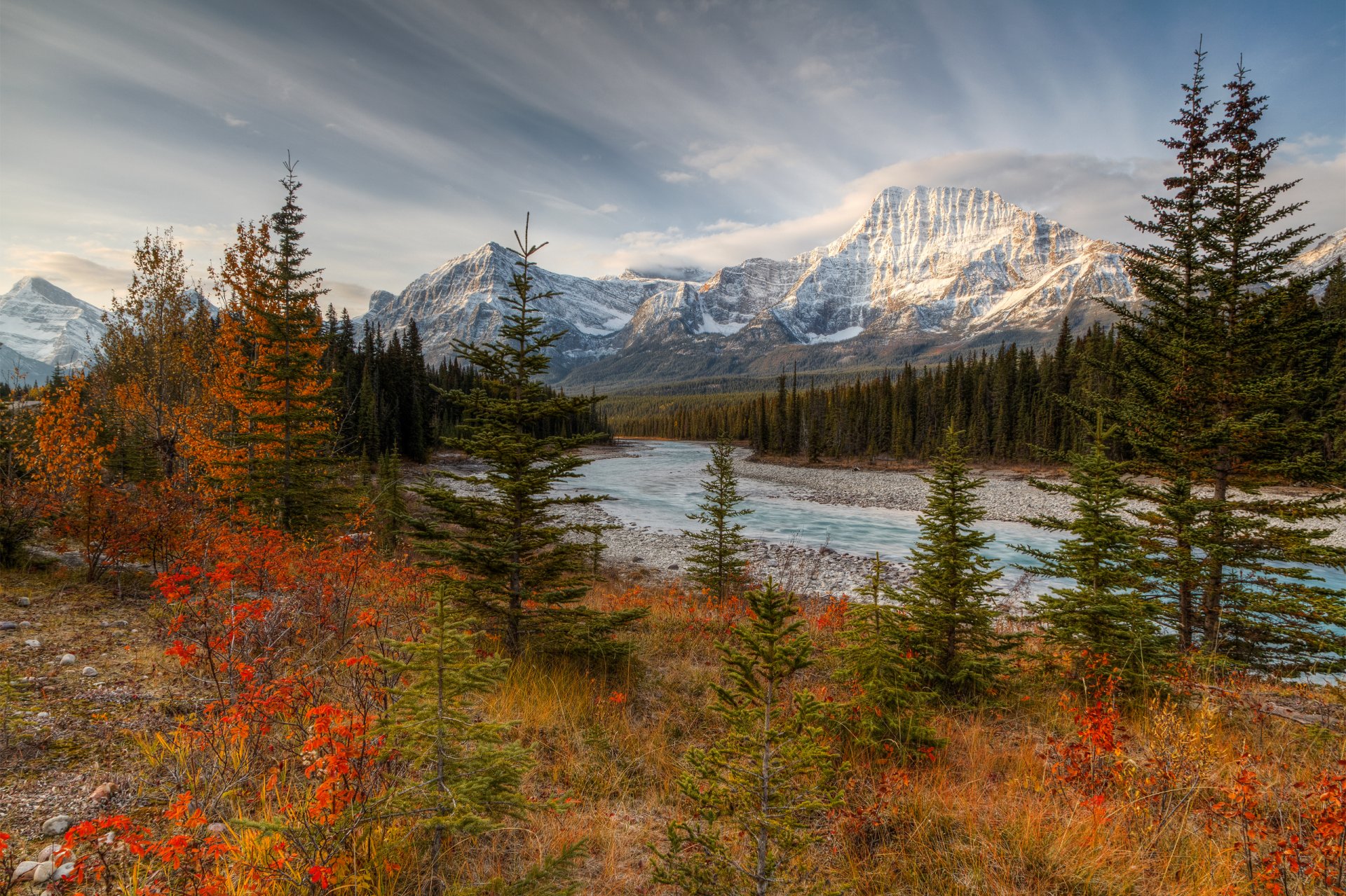 canada albert jasper national park athabasca river mountain forest autumn october
