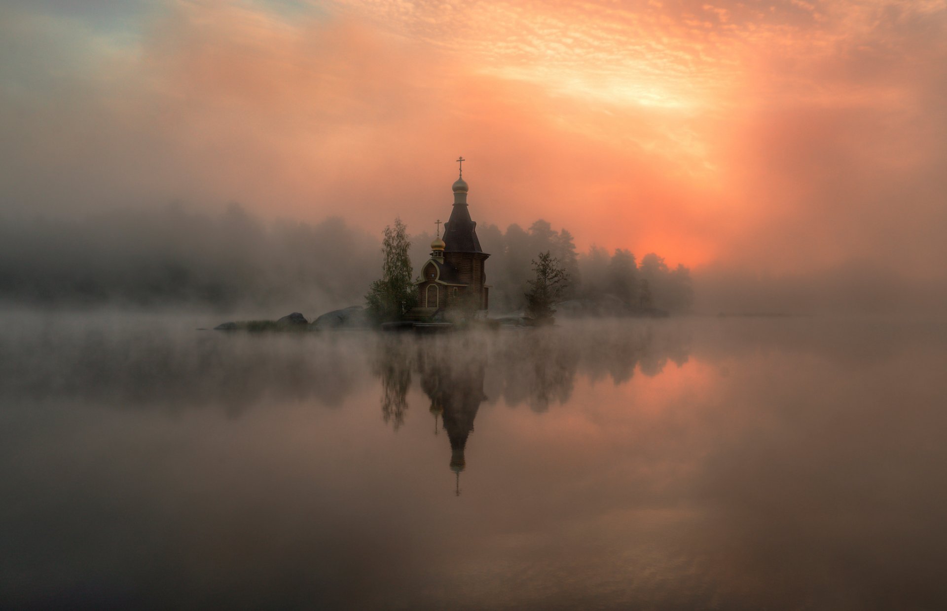 russia river vuoksa church fog haze