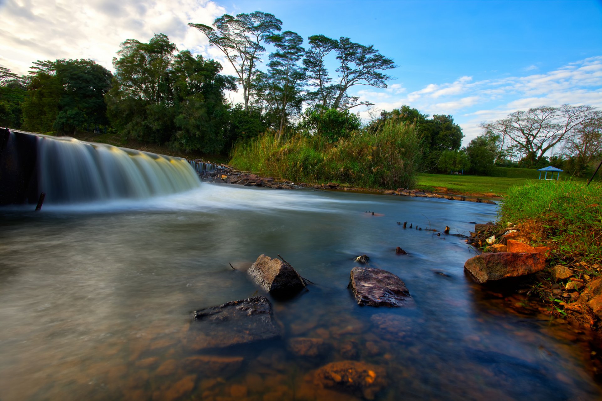 cielo parque bosque río corriente cascada árboles piedras