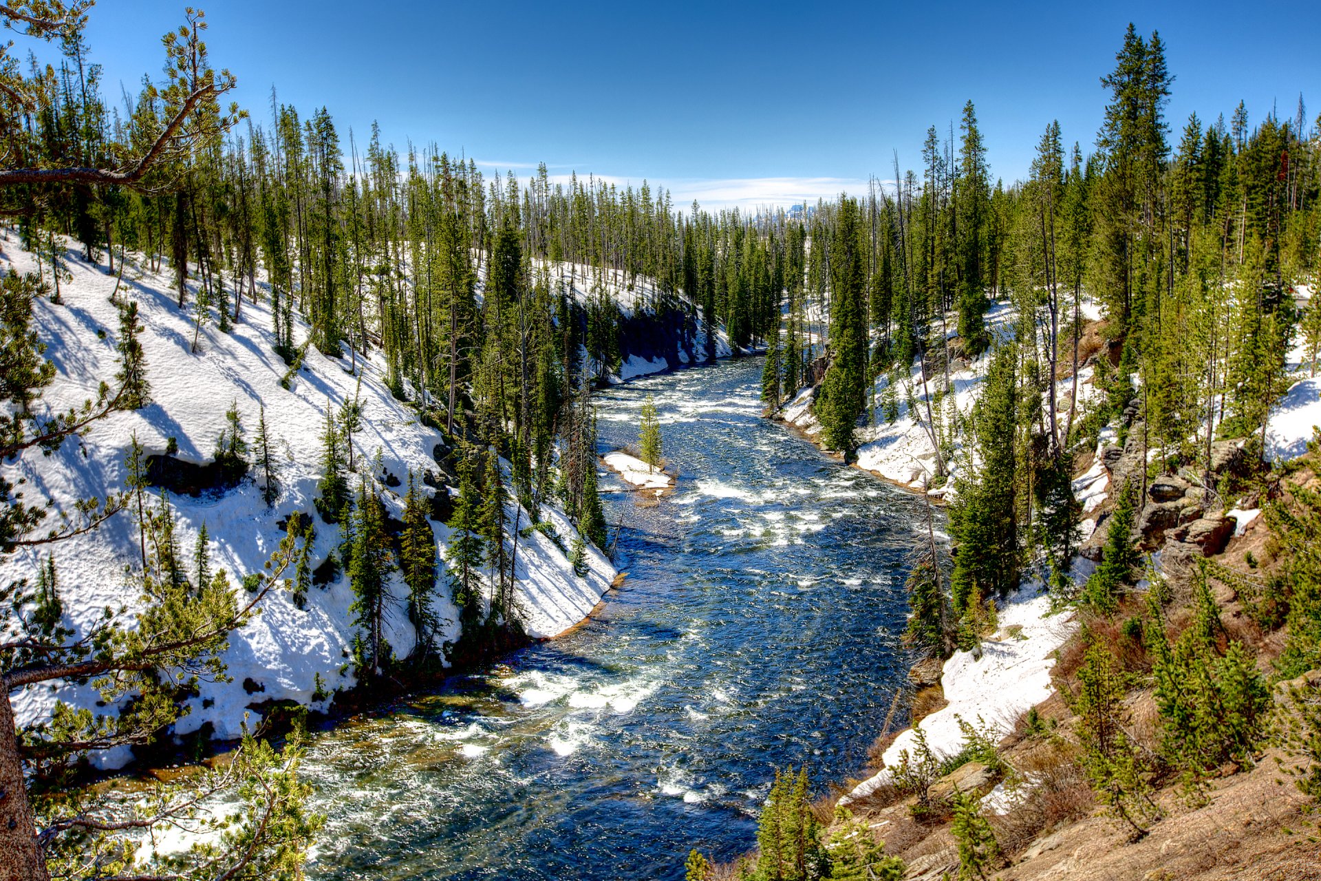parco nazionale di yellowstone stati uniti cielo nuvole foresta alberi fiume inverno neve