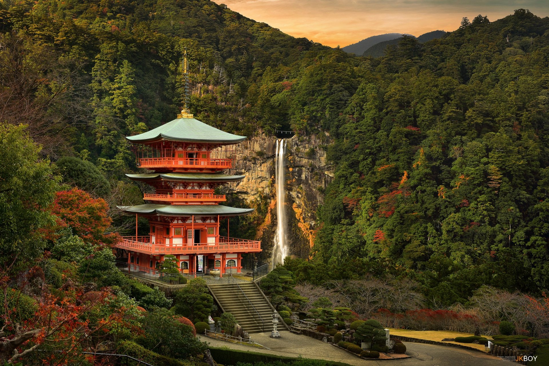 japan temple mountain forest waterfall