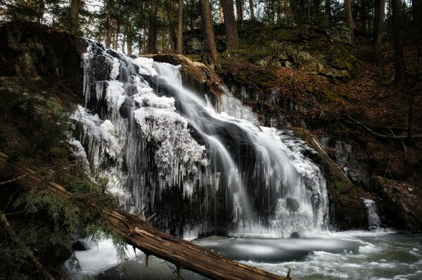 Halbgefrorener Wasserfall im Winterwald