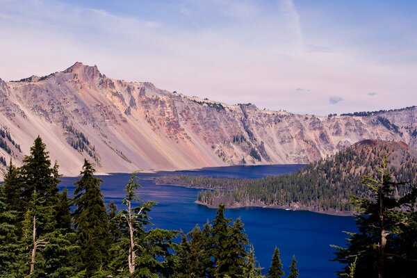 Lago tra le montagne, alberi ad alto fusto