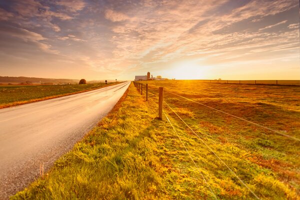 The road stretches along the autumn fields