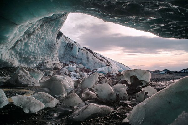 Ice cliffs and cave entrance