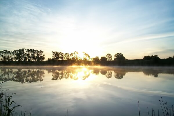Lever du soleil sur le lac qui reflète le ciel et les arbres