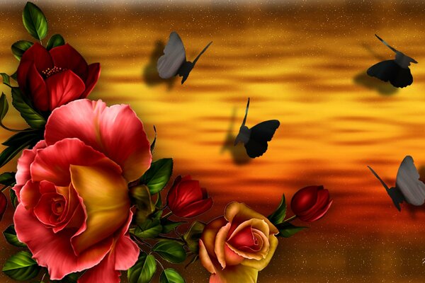 Bouquet of roses and butterflies yy