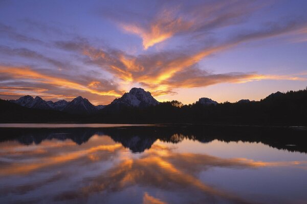 The sky at sunset reflected in the surface of the lake