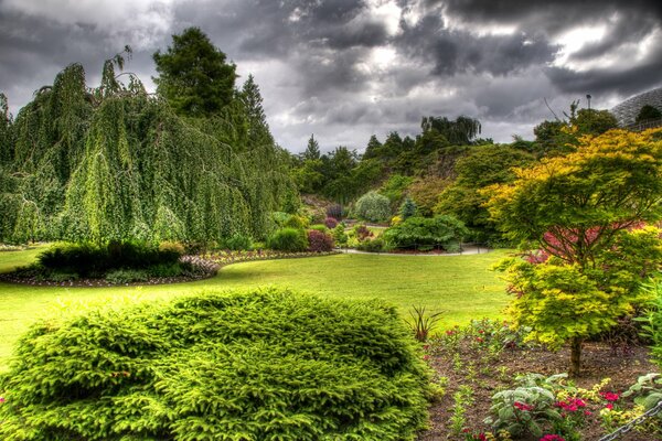 Un giardino luminoso con aiuole a Vancouver contro un cielo coperto
