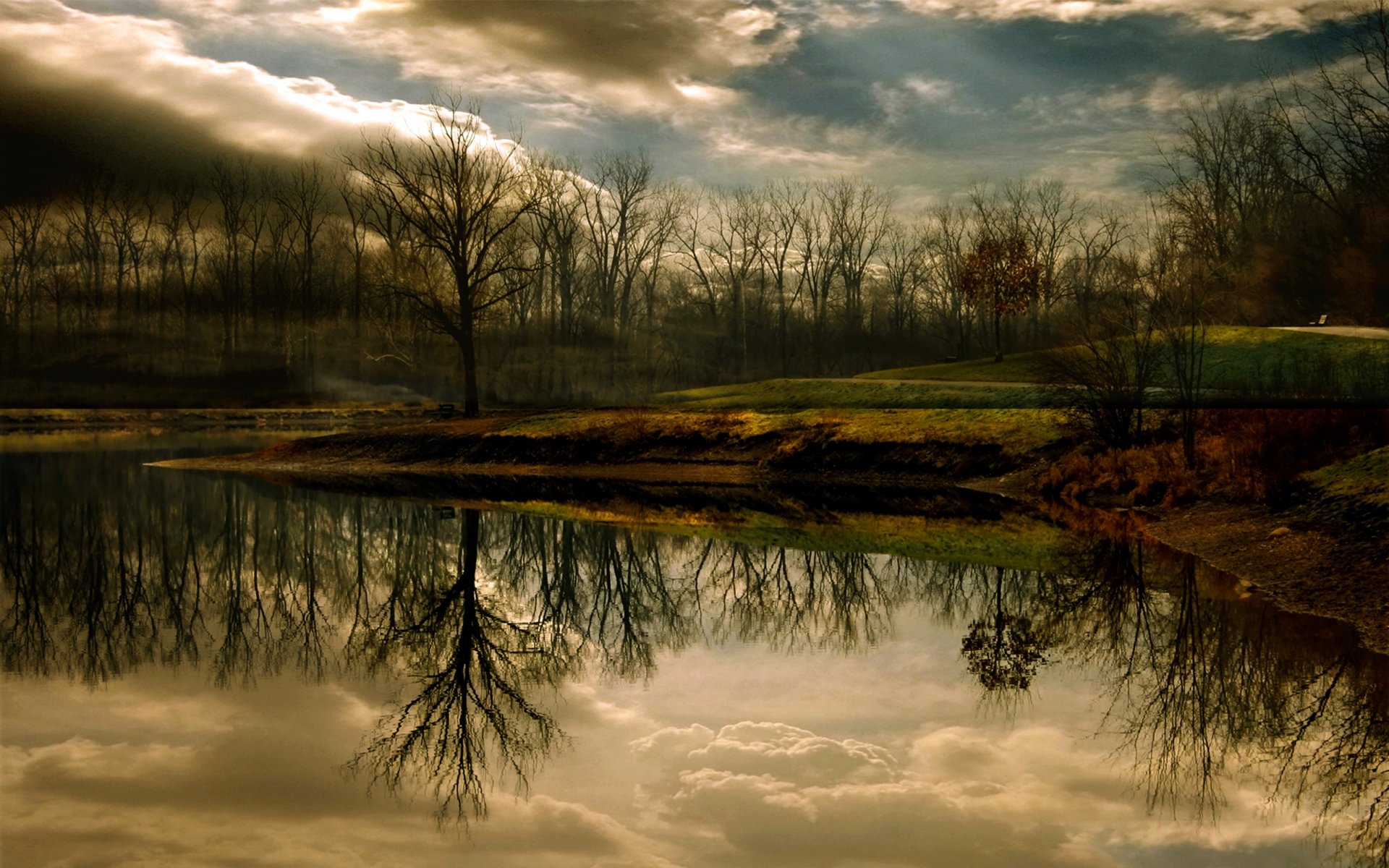 parco lago riflessione autunno