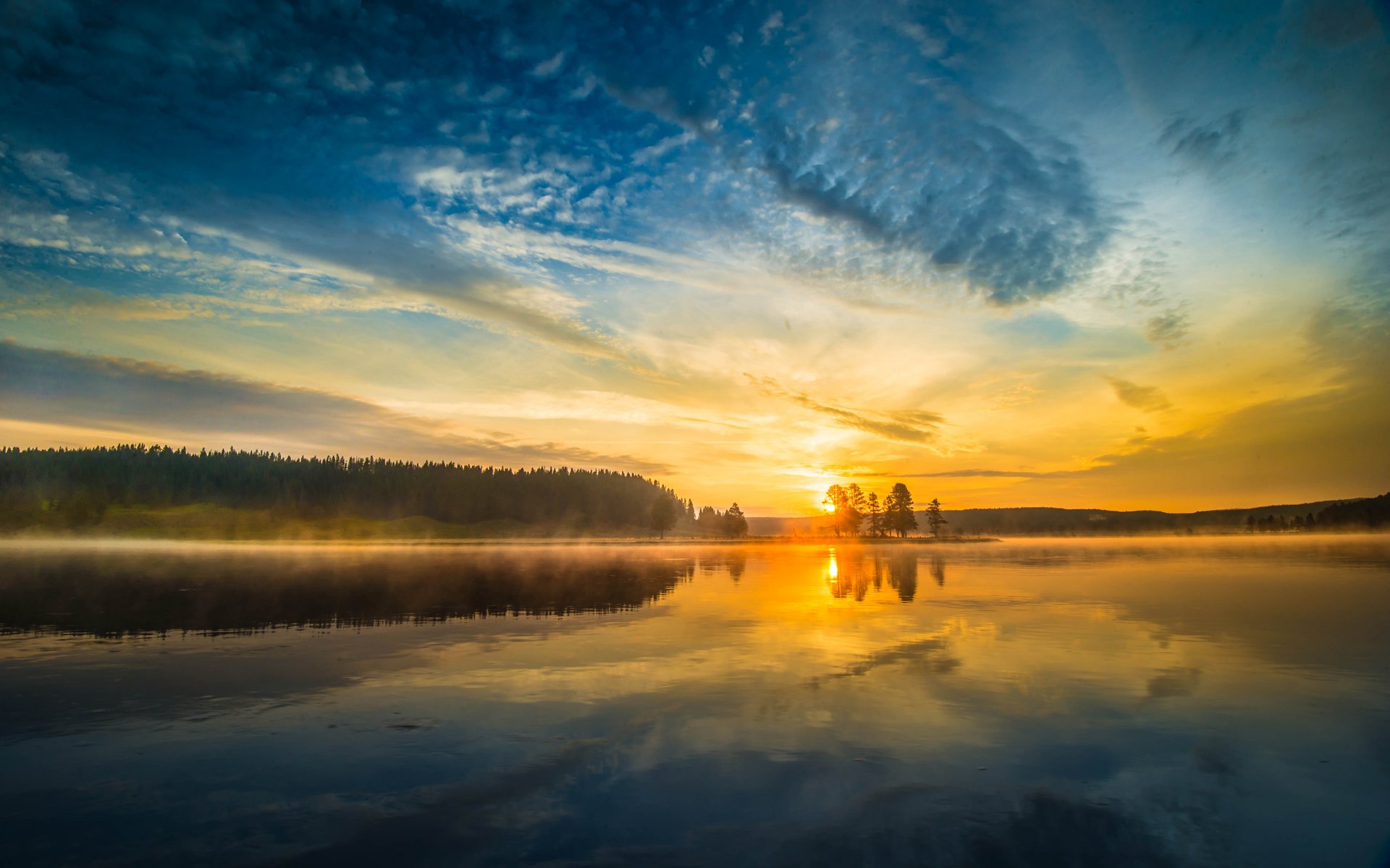 parc national de yellowstone arbres nature rivière coucher de soleil lac