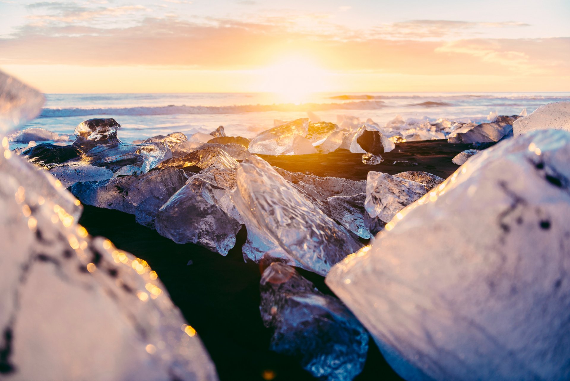 islandia laguna glaciar jökülsaurlön sol luz resplandor bokeh invierno diciembre