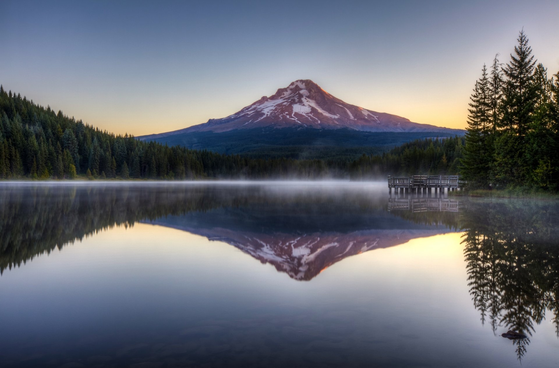 lake mountain forest tree morning haze