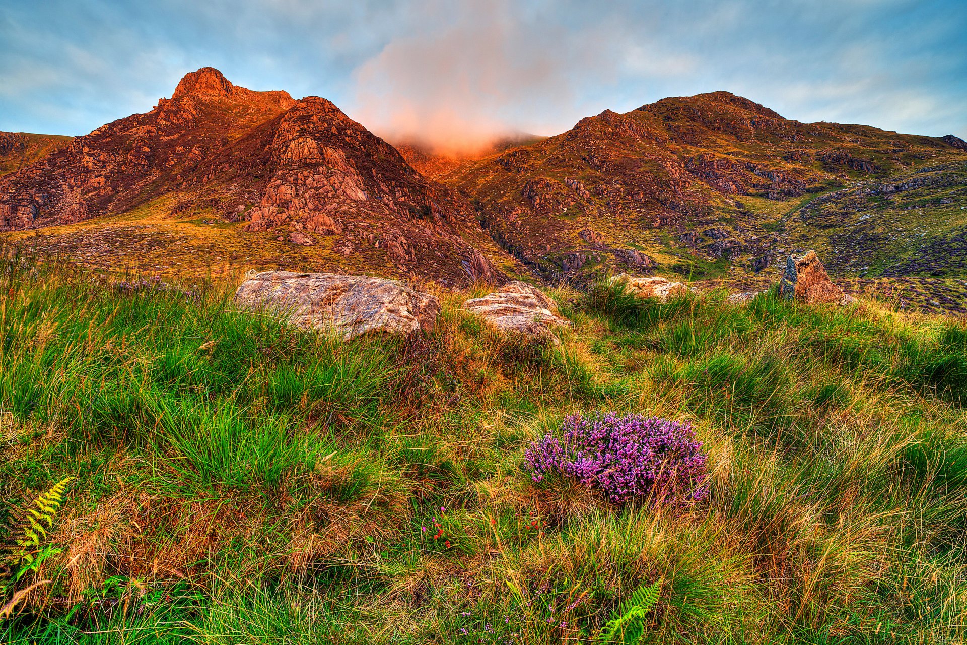 gb snowdonia ciel nuages montagnes pierres fleurs pente herbe