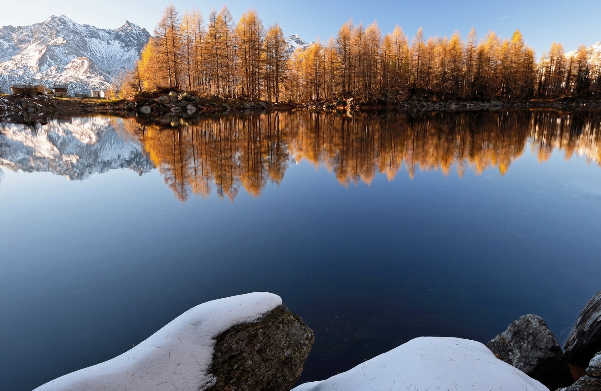 lake mountain forest tree winter snow