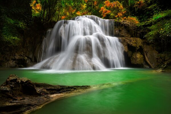 Autumn forest and falling waterfall into the lake