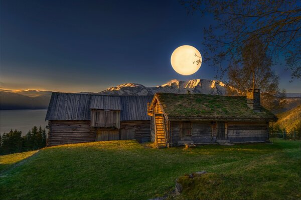 Full moon in the mountains at night