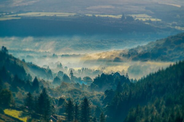 Mountains and hills in a hazy blue haze