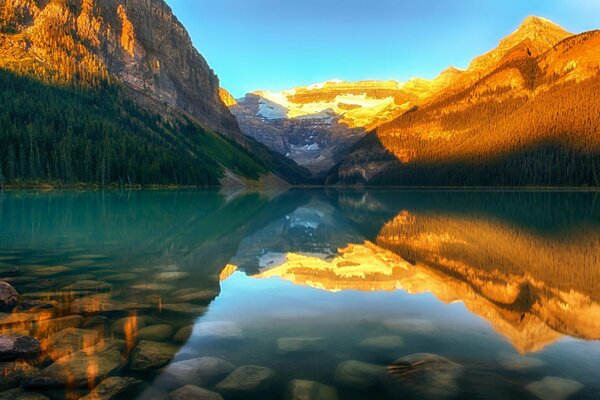 View of a mountain lake in Canada at sunset