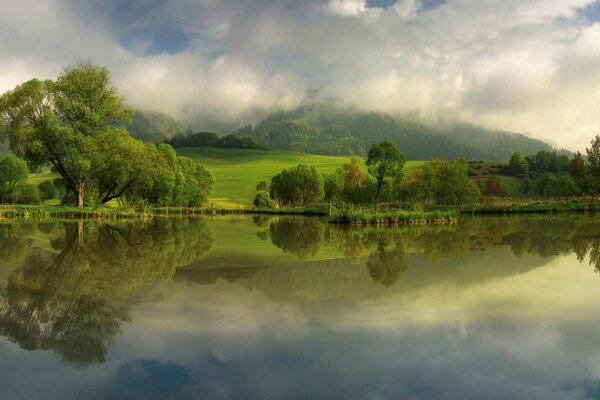 Reflection of the sky and trees in the river