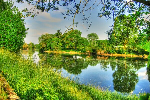 Trees and the sky are reflected in the smooth surface of the calm river