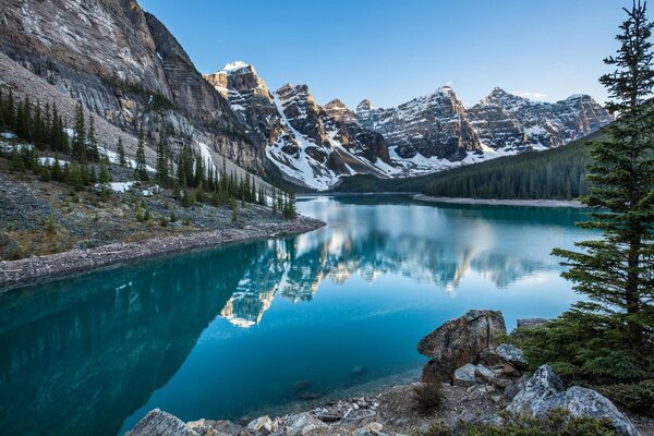 Natural beauty. River, snow-capped mountains, sparse forest