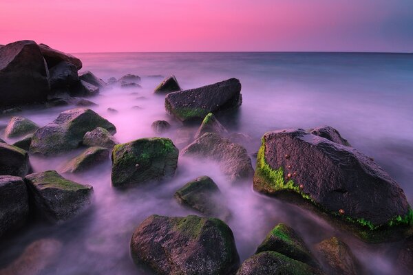 Sea with rocks on the background of a pink sunset