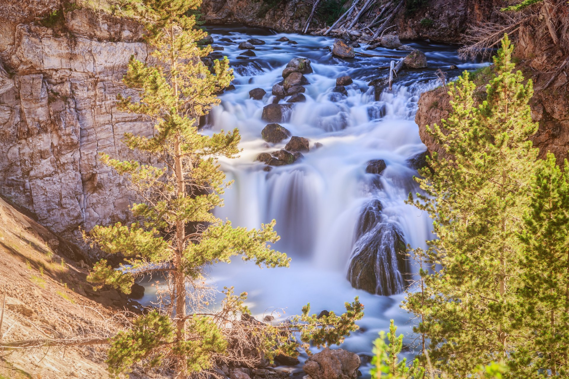 firehole falls park narodowy yellowstone wyoming yellowstone wodospad drzewa skały klify