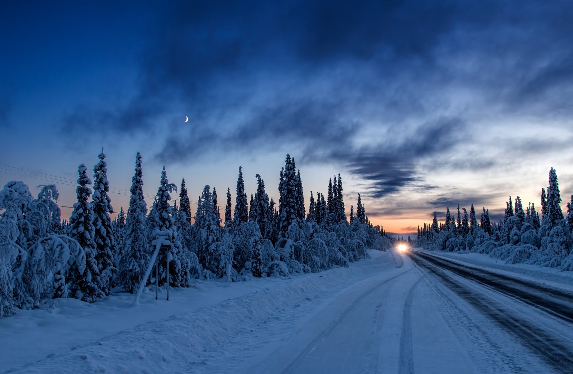 noche puesta de sol invierno carretera bosque nieve coche luz